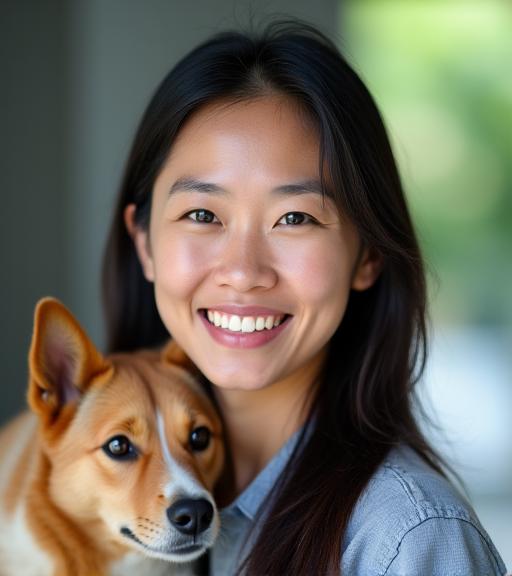 Professional headshot of the head trainer at Pawsome Progress, a warm and approachable Singaporean woman smiling with a calm dog in the background.