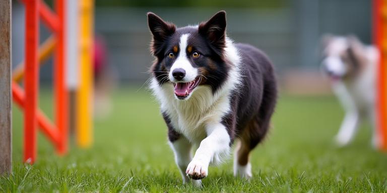 A highly focused Border Collie expertly navigating an agility weave pole, showcasing dog sports training.