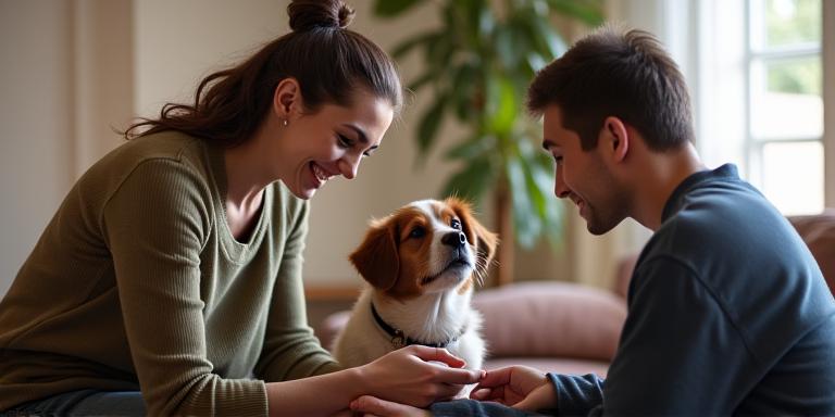 A compassionate trainer working one-on-one with a dog and its attentive owner in a comfortable home setting, focusing on positive reinforcement techniques.