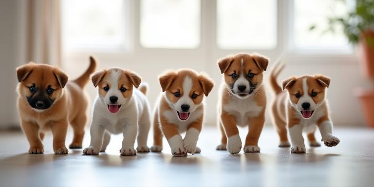 A group of playful puppies joyfully interacting in a Puppy Socialization class in a clean, bright training facility.