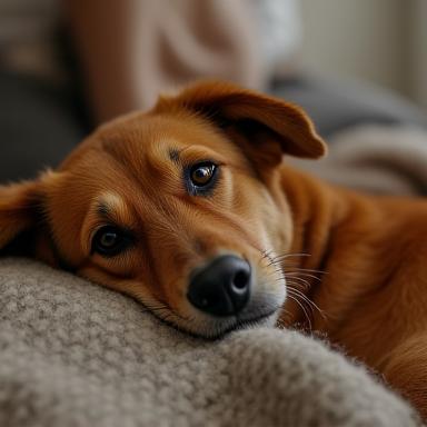 A gentle mixed-breed rescue dog named Luna, resting comfortably beside her owner, looking calm and content.