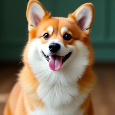 A happy, fluffy corgi named Winston, sitting attentively with a cheerful expression.